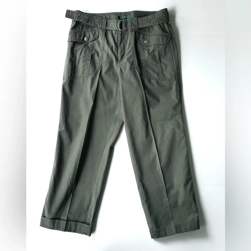Lauren Ralph Lauren Green Khaki Belted Safari Style Cropped Trousers Capri 10